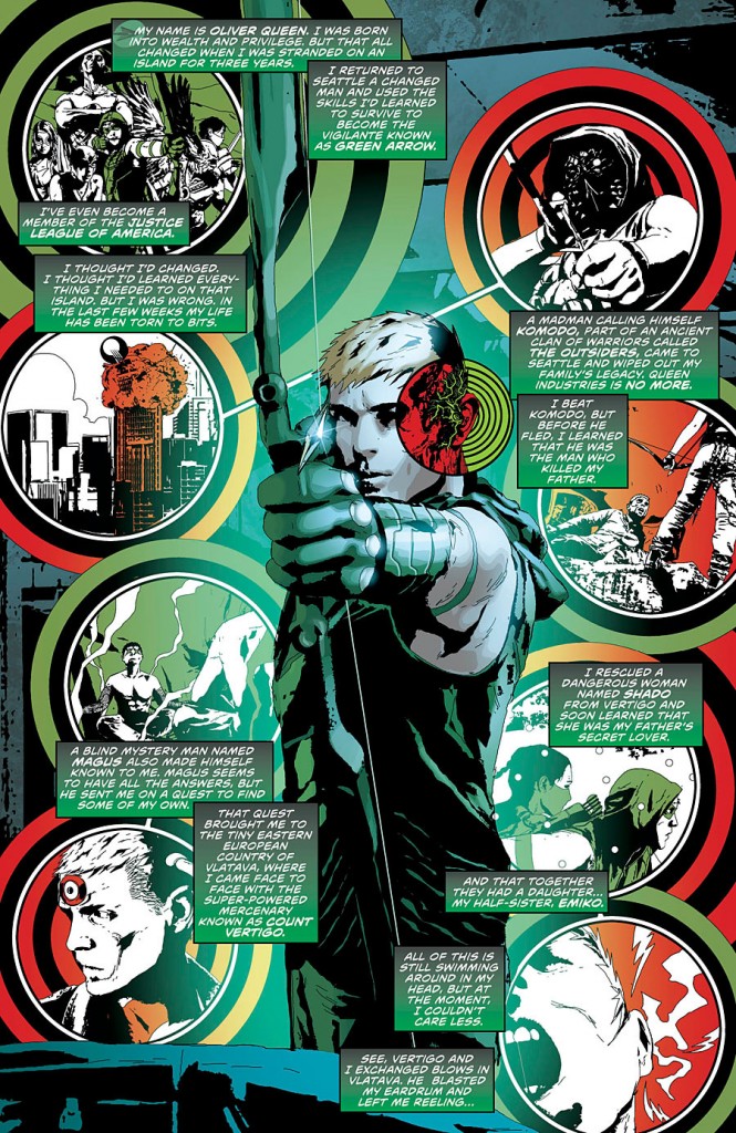 The first page of Green Arrow #24, which showcases the art team's talents.