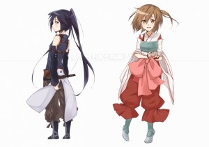 Shiroe's 2 (rather one-sided) love interests, Akatsuki (right) and Minori (left)