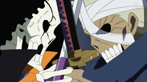Brook struggles against the zombie samurai Ryuuma.